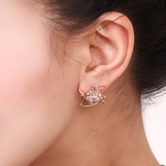 Gold Tone Caged Diamond Stud Earrings - Picture 4 of 5